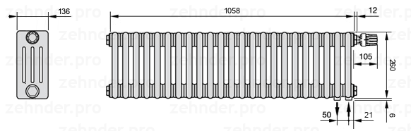 Схема (чертеж) Радиатор Zehnder Charleston 4026/23 №V002 Белый глянцевый RAL 9016